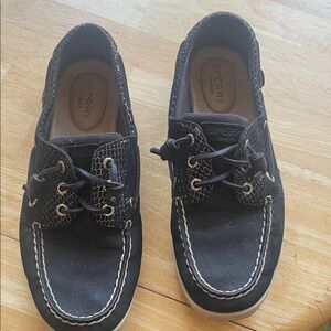 Sperry Top-Sider Black Boat Shoes with White/Gold Accents